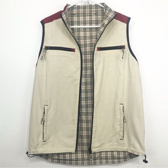 Spanner Sport Tan Checked Plaid Reversible Nylon water Resistant Zip Up Vest - Picture 1 of 16